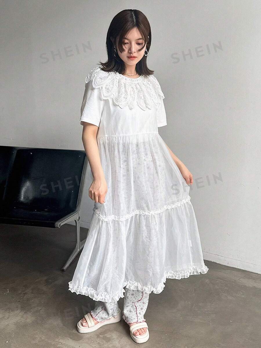 FRIFUL Designer Parte superior transparente, sencilla y ligera con volante para damas