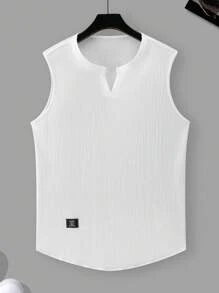 Manfinity Homme Men's Solid Color Plain Notched Neck Letter Patched Summer Sleeveless Casual Tank Top, For Workout - White - View 4