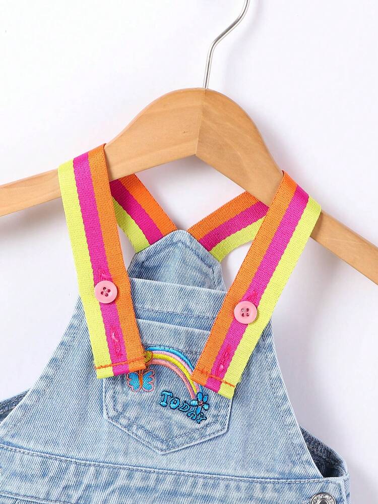 Baby Girl Casual Rainbow Embroidery Flat Pocket Jeans Dungaree With Colorful Shoulder Straps And Rolled Hem, Summer