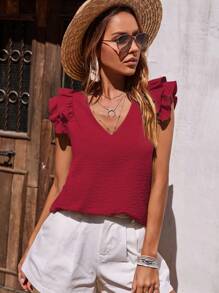 Breezaya Ladies Simple Solid Color V-Neck Layered Ruffle Armhole Blouse For New Year Clothes