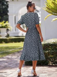 SHEIN LUNE 女士夏日假期風格花卉印花腰帶短袖優雅長裙 - 藍色 - 查看 2