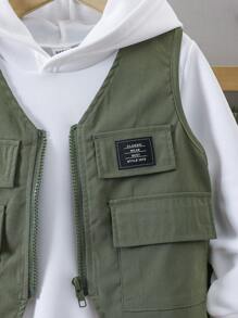 SHEIN Young Boy Casual Solid Color Sleeveless Jacket And Long Pants With Hooded Sweatshirt Outfit - Army Green - View 4