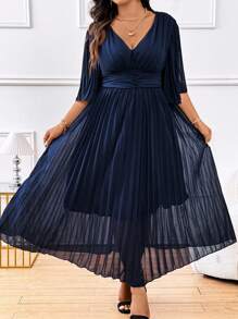 SHEIN Unity Plus Size Summer Elegant Solid Color V-Neck Pleated Dress - Navy Blue - View 3