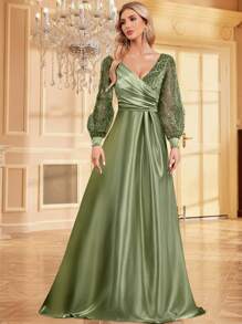 XUIBOL Beaded Patchwork Satin A-Line Dress With V-Neck, Women's Elegant Formal Party Gown (Deluxe Edition) Long Sleeve Prom Evening Wedding Guest Dress, For Graduation, Dinner
