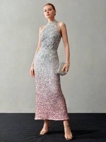 MOTF PREMIUM OMBRE SEQUINS HALTER NECK DRESS,HOLIDAY PARTY BIRTHDAY FORMAL EVENING OCCASSION - Silver - View 8