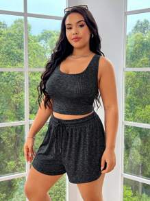 SHEIN EZwear Bộ đồ thể thao bằng vải lưới tổ ong đầy màu sắc cỡ lớn dành cho nữ, bao gồm áo vest và quần short - Màu xám đen - Xem 4