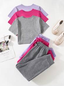 SHEIN Conjunto informal de 3 piezas de niña preadolescente: camiseta deportiva de manga corta y cuello redondo talla grande pantalones cortos en varios colores - Multicolor - Ver 2