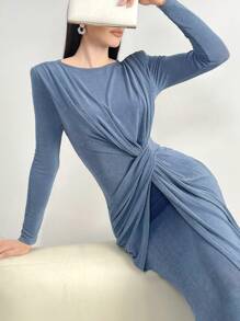 Modelyn Đầm dài tay thắt nút xoắn màu trơn thời trang cho nữ Đầm dạ hội dài - Màu xanh bụi bặm - Xem 5