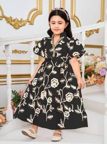 SHEIN Young Girl Graceful Embroidered Lantern Sleeve Long Dress