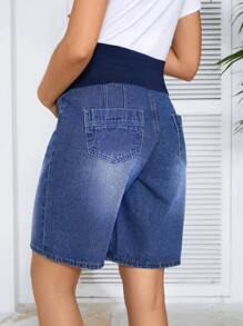 SHEIN Maternity Elastic Patchwork Denim Shorts For Daily Wear, Spring And Summer - Medium Wash - View 2