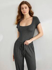 Ocili 舒適的萊紡固色方領休閒連體褲-