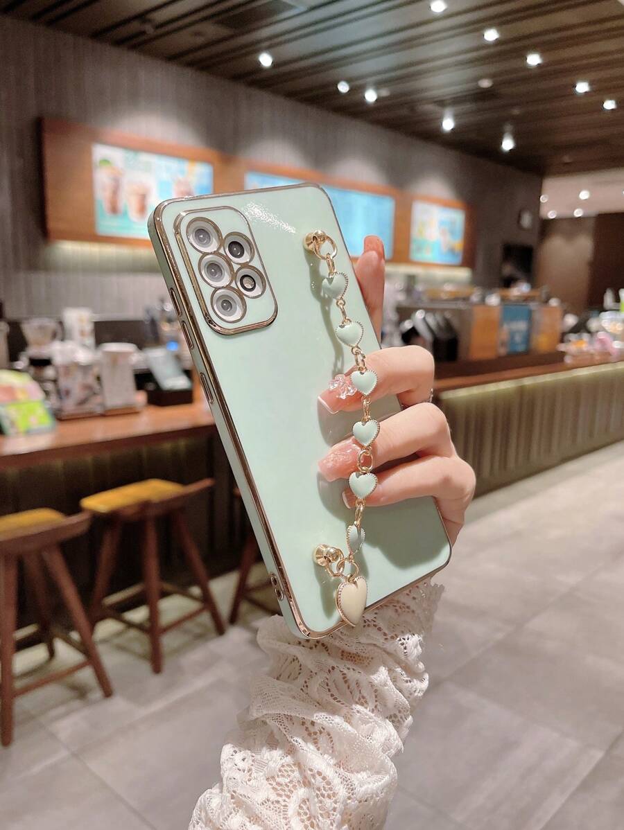 Funda de teléfono chapada con correa de mano con forma de corazón compatible con iPhone15/15Plus/15Pro/15Promax - verde menta - Ver 1