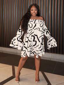 Slaydiva Robe élégante et sexy pour vacances avec imprimé géométrique abstrait, ample, à volants, à épaules dénudées et avec ceinture - C - Nude - Voir 1