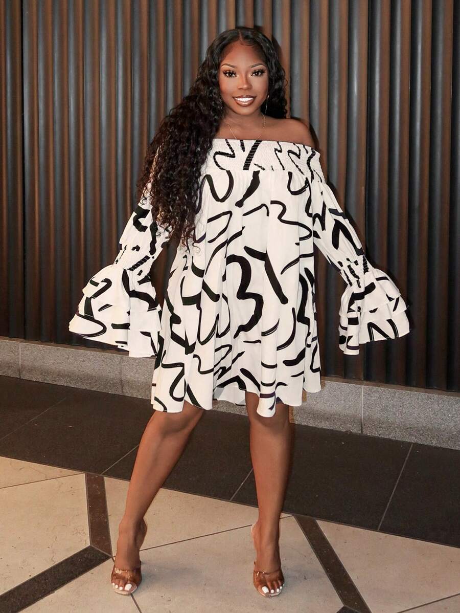 Slaydiva Robe élégante et sexy pour vacances avec imprimé géométrique abstrait, ample, à volants, à épaules dénudées et avec ceinture - C - Nude - Voir 1