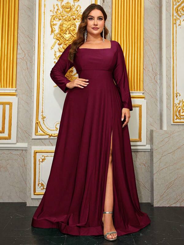 YISIKADO Plus Size Women's Ballroom Evening Dress With Square Neckline, Long Sleeves And Floor Length