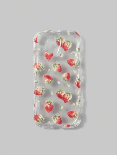 Kawaii Full Screen Strawberry Graphic Print Transparent Case With Wave Pattern For Mobile Phone
