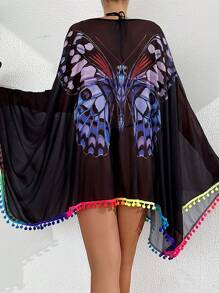 SHEIN Swim 夏季女士圆领透视罩衫，带绒球，蝙蝠袖宽松罩衫，适合度假 - 黑色 - 查看 1