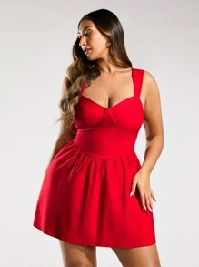SHEIN BAE Vestido rojo elegante con escote de corazón, diseño recogido de la cintura y vestido con línea A para el verano - Rojo - Ver 4