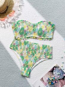 SHEIN Swim Women's Floral Print Ruffle Bandeau Bikini Set With Low Waist Bottoms, Perfect For Vacation,Summer Beach - Multicolor - View 5
