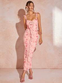 SHEIN BAE Women's Bodycon Ruffled Dress With Floral Print, Spaghetti Straps, Mesh Ruffle And 3D Flower Decor Long Dress Pink - Pink - View 7