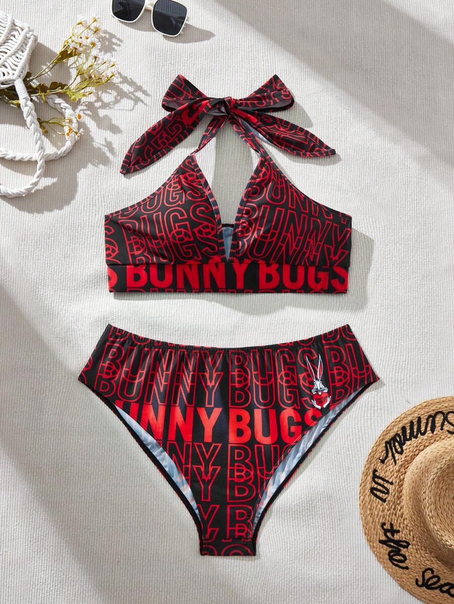 LOONEY TUNES X SHEIN Plus Size Knitted Letter And Cartoon Print Halter Neck Bikini Set, Summer