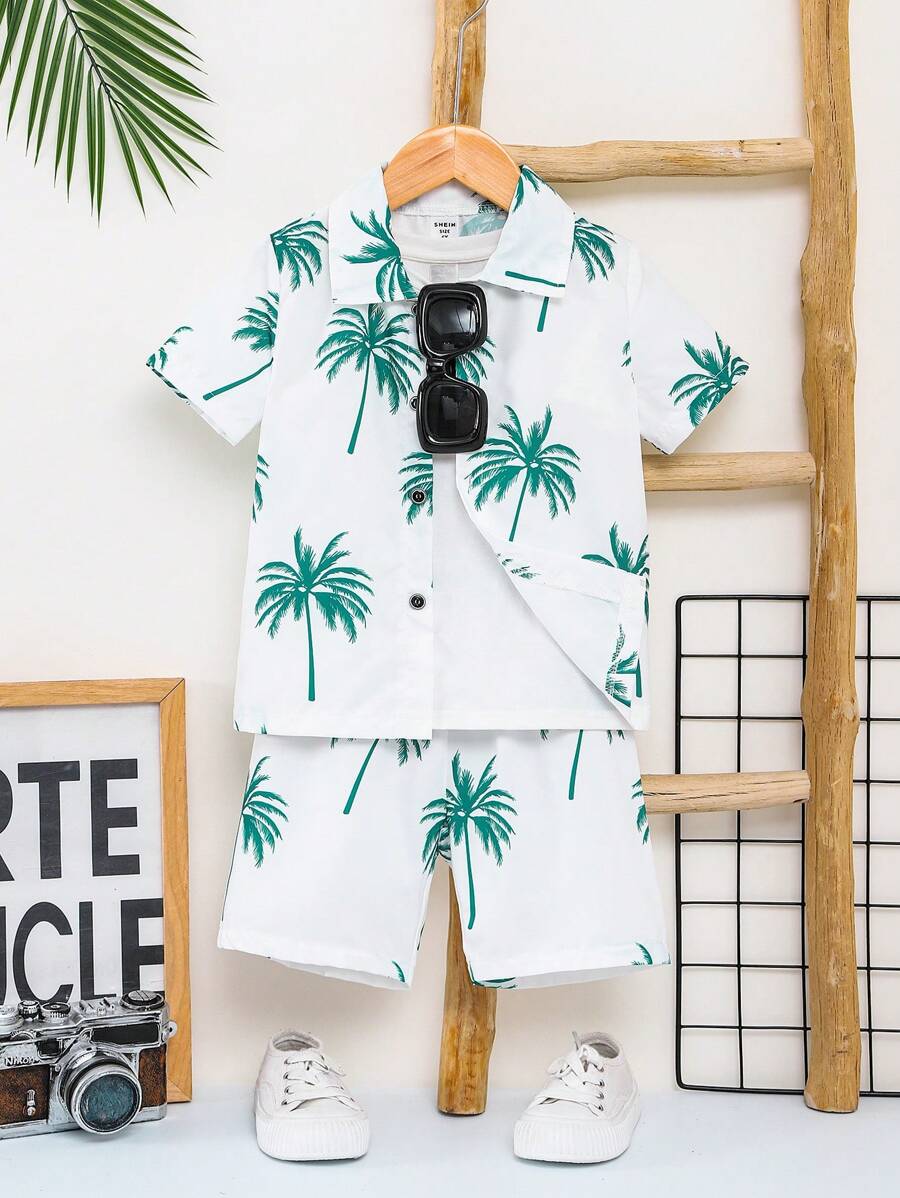 SHEIN 2 piezas/Conjunto Camisa hawaiana informal para niño joven para vacaciones de verano - Multicolor - Ver 1