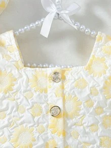 SHEIN Baby Girl Jacquard Ruffle Armhole Tank Top And Shorts Set With Hat, Summer Outfit - Yellow - View 3