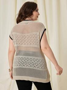 SHEIN LUNE Plus Size Women Sweater Contrast Color Hollow Out Tank Top