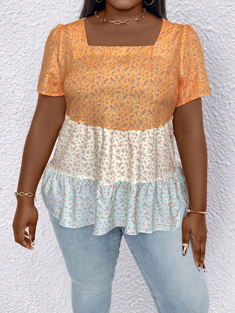 Plus Size Women's Summer Holiday Loose Floral Printed Square Neck Short Puff Sleeve Top With Ruffled Hemline