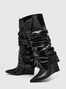 Women Point Toe Slouchy Design Wedge Boots, Elegant Black Wedge Boots, Cowboy Boots For Women