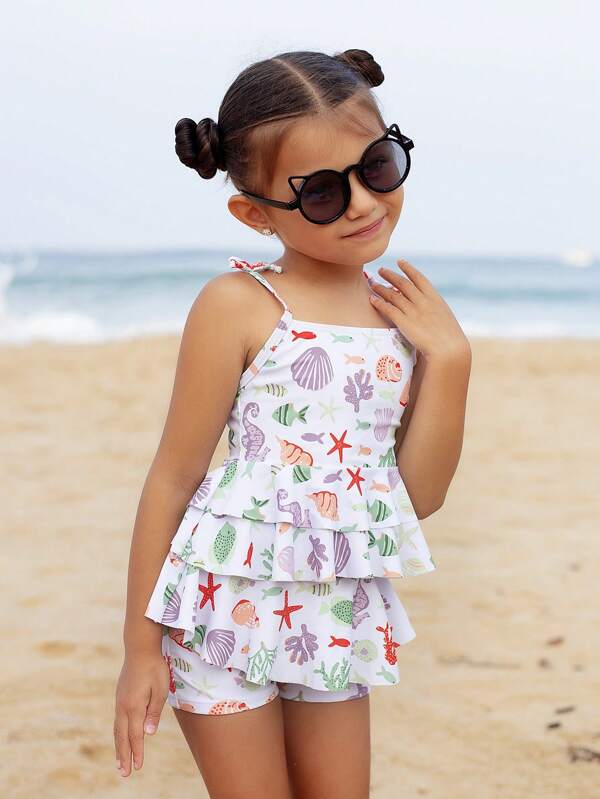 SHEIN Young Girls' Two-Piece Shell Print Swimwear With Ruffled Hem