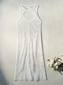 SHEIN Swim 女士海滩度假纯色圆领无袖透明罩衫连衣裙夏季