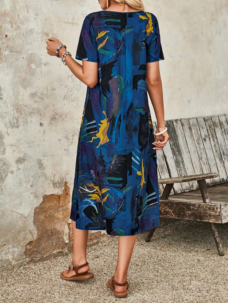Random Print Short Sleeve Casual Vacation Dress