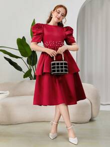 SHEIN Teen Girl Red/Burgundy Short Sleeve Beaded Computer Embroidery Waistband Tiered Ruffle Hem Princess Style Elegant Dress For Formal Party - Red - View 6