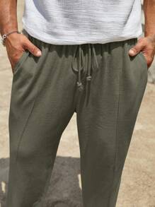 Manfinity VCAY Solid Color Drawstring Waist Pocket Design Woven Casual Pants - Army Green - View 5