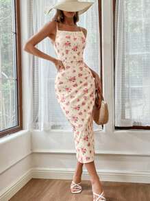 SHEIN VCAY Women's Romantic Ditsy Floral Collar & Contrast Lace Dress For Vacation