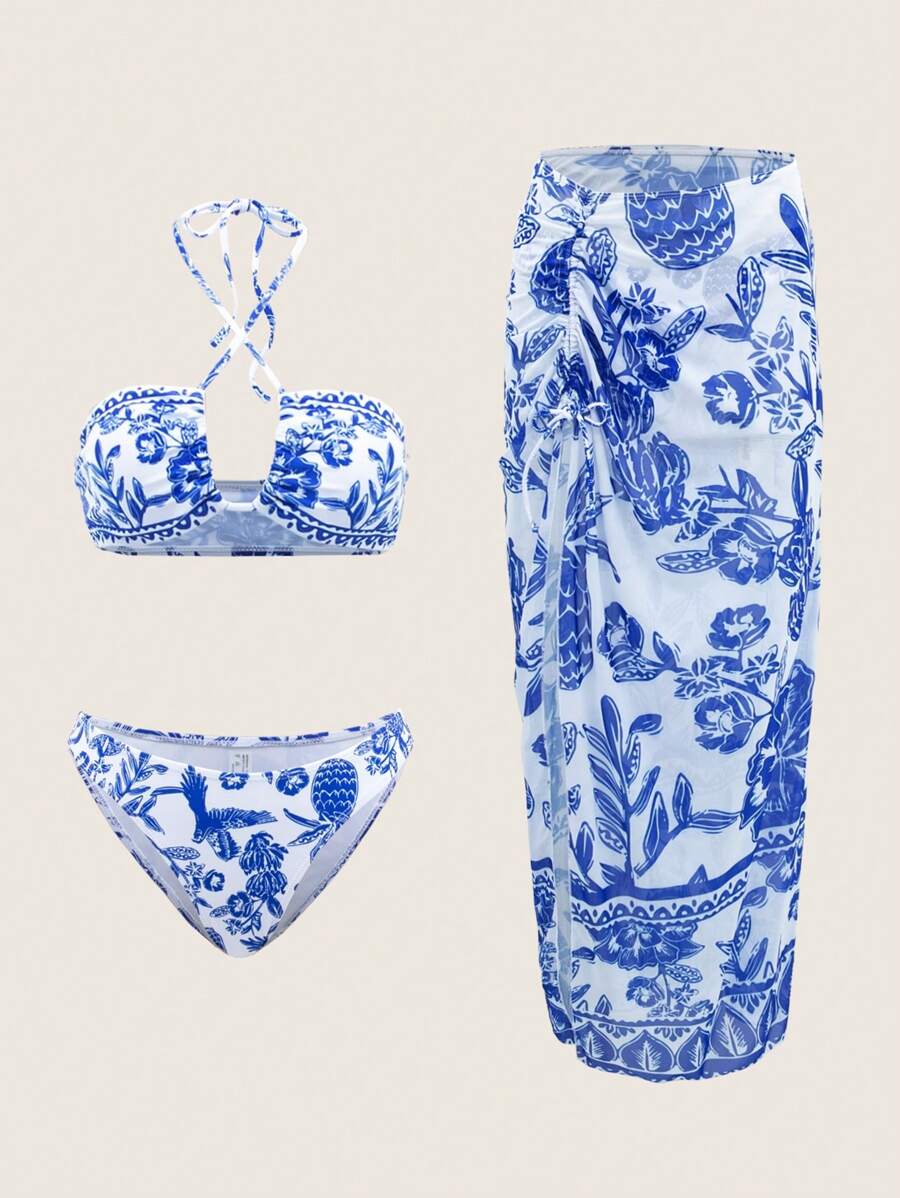 Shein Swim Oasis Women Plant Print Swimwear Set Random Print With Cover Shein Swim Oasis Women Plant Print Swimwear Set Random Print With Cover