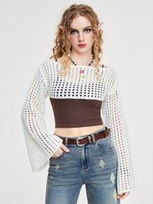 ROMWE Fairycore Summer Crochet Spring/Summer Mesh With Cute Mushroom Embroidery Women's Sweater Pullover With Bell Sleeves