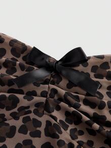 ROMWE Grunge Punk Y2K Gyaru Shibuya Stil Leoparden Muster Mesh Bandeau Top mit Schleifen Dekor und geraffter Taille für Damen, Schule