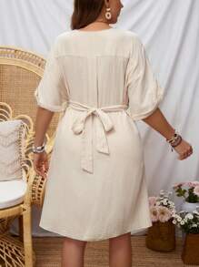 SHEIN LUNE Plus Size Women's Solid Color Batwing Sleeve Twist Front Waist Dress Fall Clothes Comfortable - Apricot - View 2