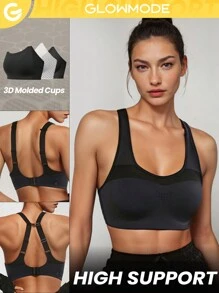 GLOWMODE حمالة صدر مريحة للتمرينات الرياضية مع دعم عالي وتصميم الشبكة. تأتي بحمالات متحولة ومناسبة للجيم - الأسود - مشاهدة 11