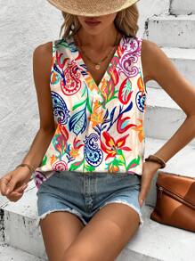 SHEIN LUNE Casual And Simple Paisley Flower Pattern V-Neck Sleeveless Blouse, Suitable For Summer - Multicolor - View 6