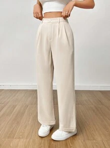 SHEIN PETITE Casual Solid Color Pleated Straight Wide-Leg Pants With Rolled Cuffs