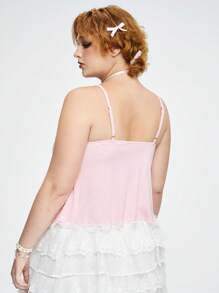 ROMWE Kawaii 大尺碼女士夏季對比蕾絲蝴蝶裝飾背心上衣 - 粉色 - 查看 5