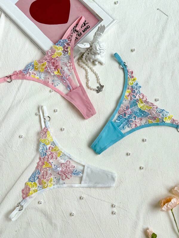 3pcs Sweet Embroidered Low-Rise Sexy G-String Set String Panties
