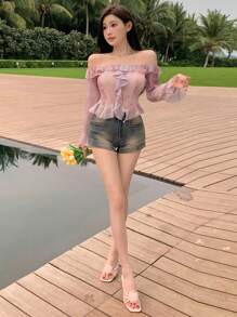 DAZY Blusa de dama con bajo asimétrico, volantes con teñido anudado en el bajo y mangas largas transparentes con hombros descubiertos - Rosa - Ver 6