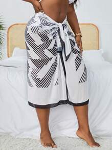 SHEIN Swim Curve Summer Beach Plus Size Dotted Line Printed Split Hem Contrasting Edge Tie Front Cover-Up