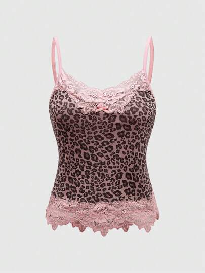 J-Fashion Sexy Lady Leopard Print Lace Trim Bow Detail Knot Net Fabric Stretchy Camisole Top With Color Contrasting