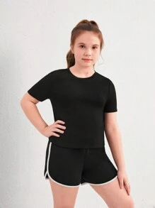 SHEIN Tween Girl Extended Size Casual Sports Short Sleeve Knit Top With Solid Color Round Neckline For Spring/Summer