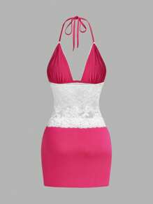 SHEIN ICON Y2K Women's Contrast Color Lace Patchwork Halterneck Bodycon Dress Pastel Dress Concert Outfit Spring Outfits